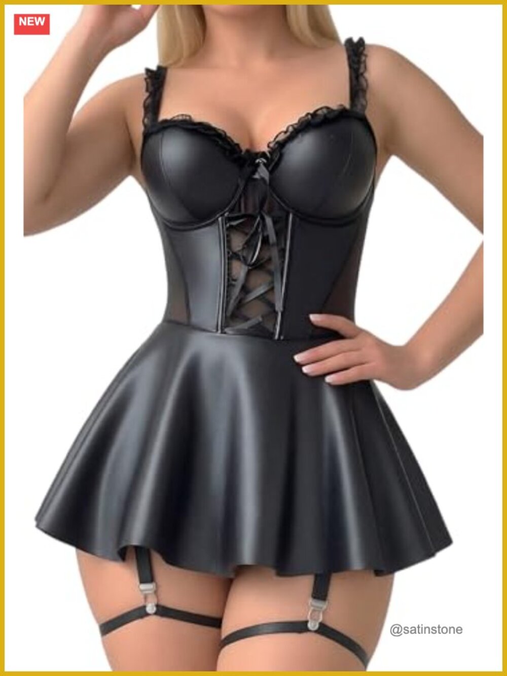 Faux Leather PU Mini Lingerie Dress Babydoll Set V Neck Lace Up